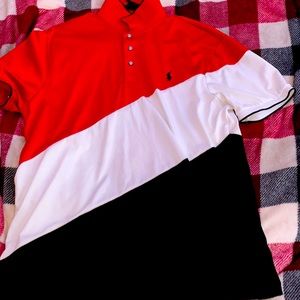 red white and black polo shirt